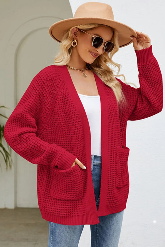 Open Front Raglan Sleeve Pocketed Cardigan Deep Red Fitggins
