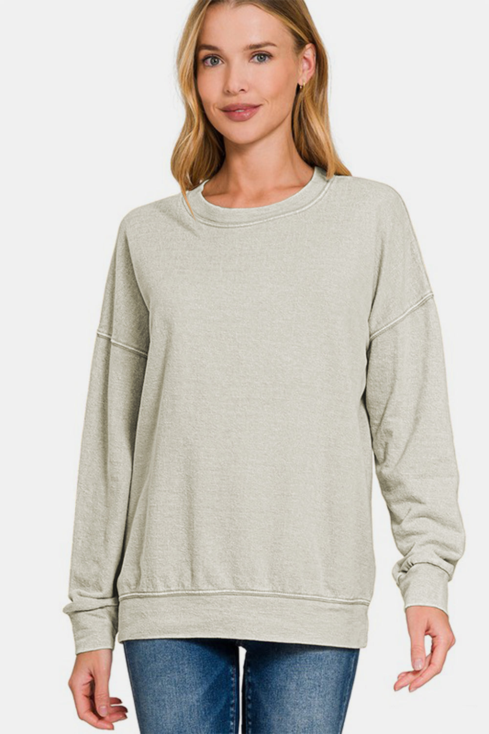 Zenana Washed Round Neck Dropped Shoulder Sweatshirt - Sweatshirts & Hoodies - FITGGINS