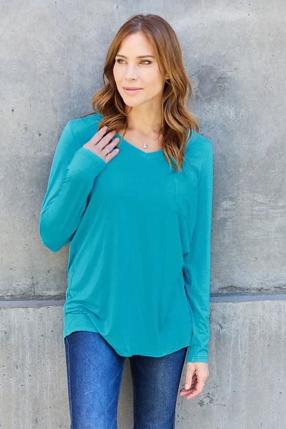 Basic Bae Full Size V-Neck Long Sleeve Top Cerulean Fitggins