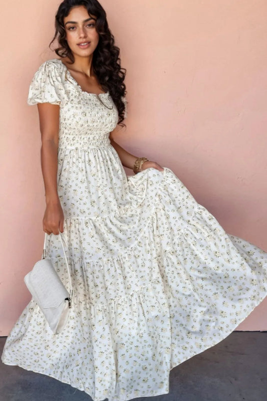 Floral Smocked Short Puff Sleeve Maxi Dress White Fitggins