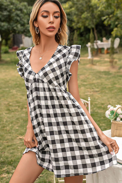 Ivy Lane Plaid Butterfly Sleeve Deep V Dress Fitggins