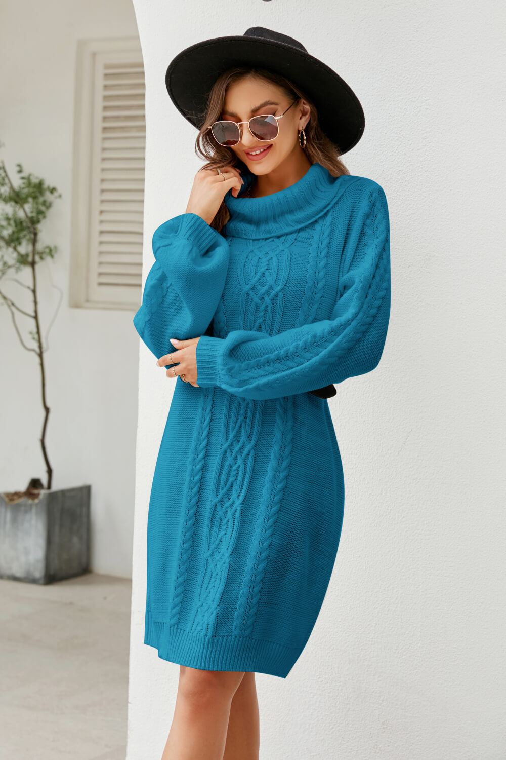 Woven Right Mixed Knit Turtleneck Lantern Sleeve Sweater Dress - Sweater Dresses - FITGGINS