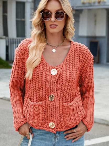 Round Neck Button Up Cardigan with Pockets Orange Fitggins