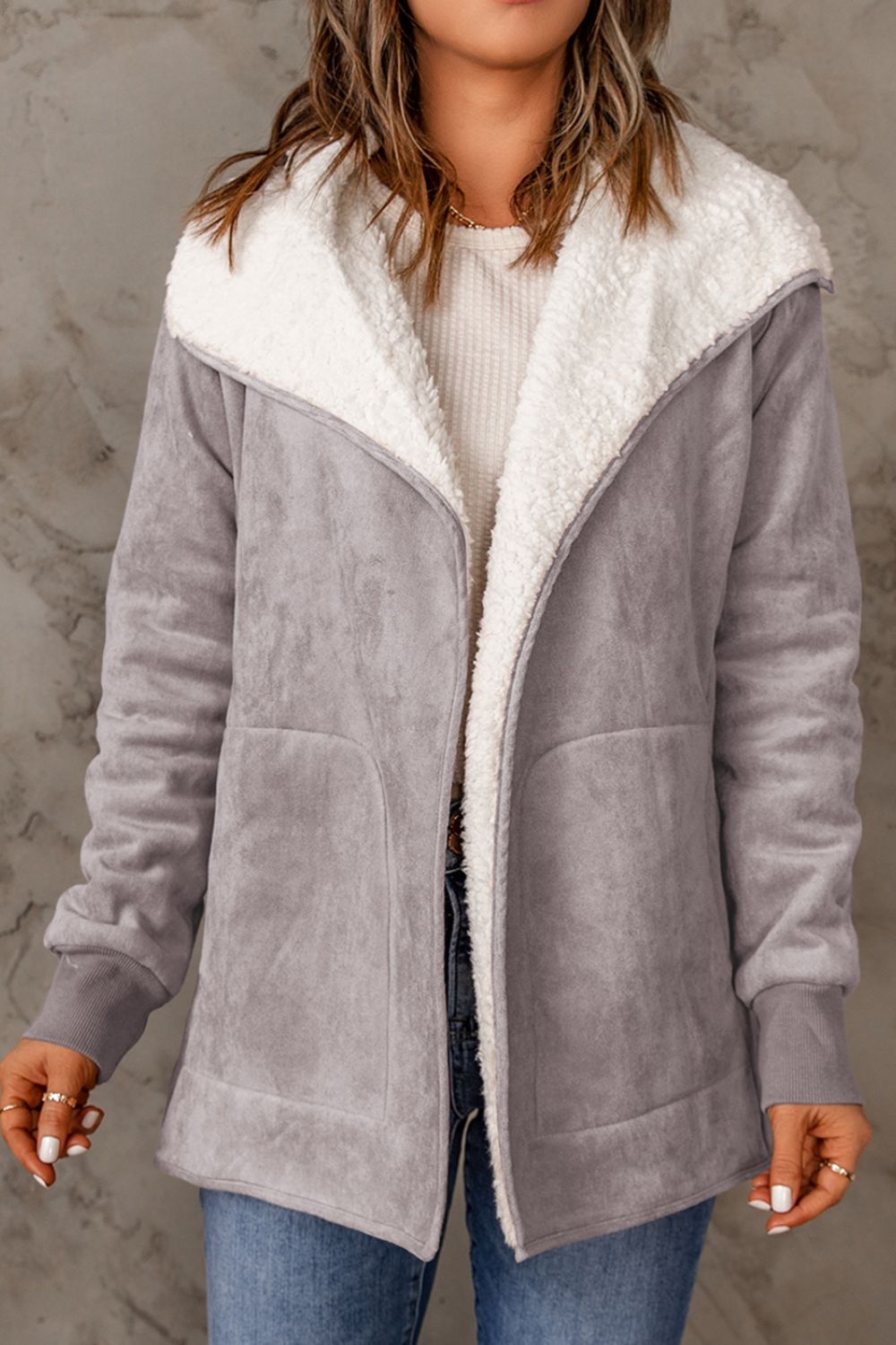 Open Front Long Sleeve Sherpa Jacket - Jackets - FITGGINS