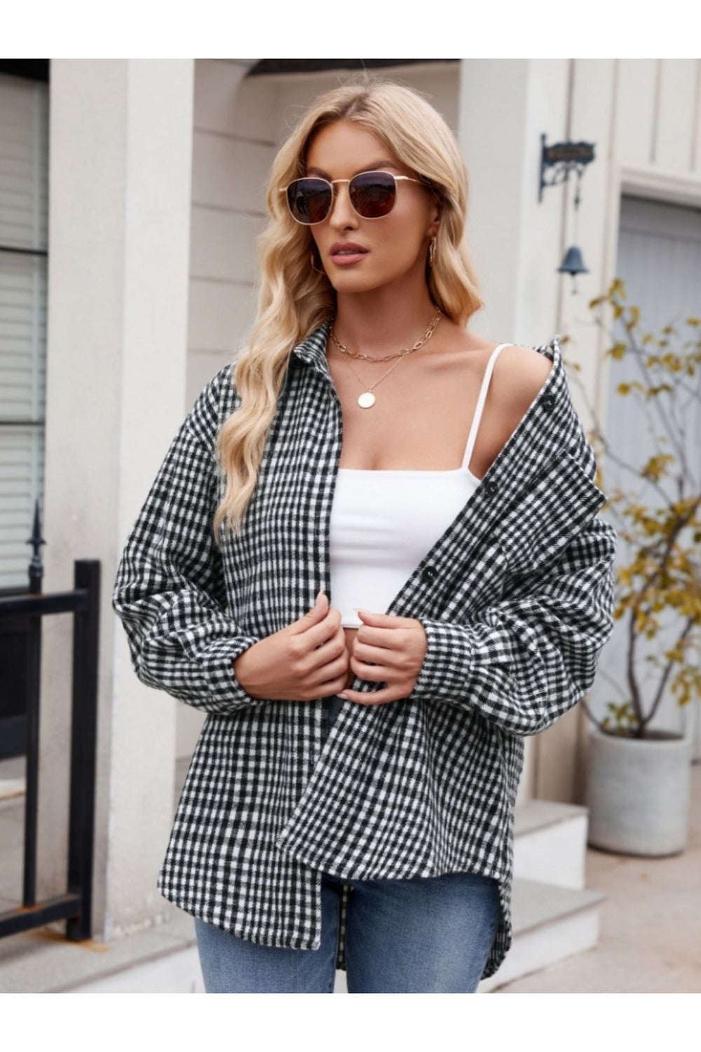 Mandy Pocketed Plaid Collared Neck Long Sleeve Shirt - Shirts - FITGGINS