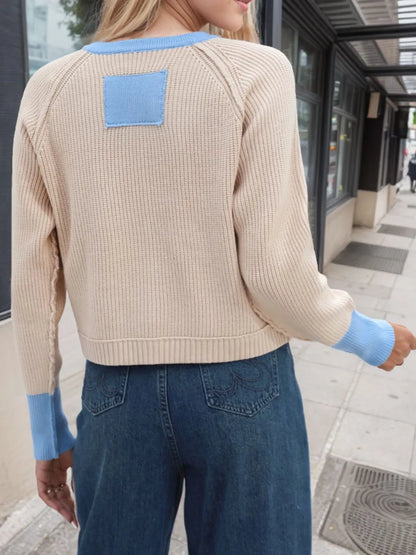 Contrast Button Up Long Sleeve Cardigan Fitggins