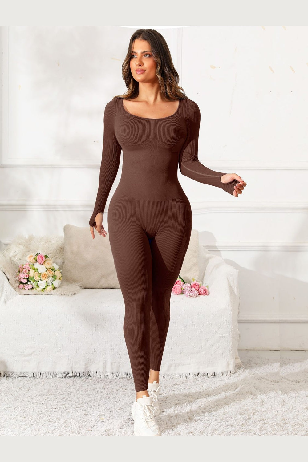 Scoop Neck Long Sleeve Active Jumpsuit - Active Set - FITGGINS