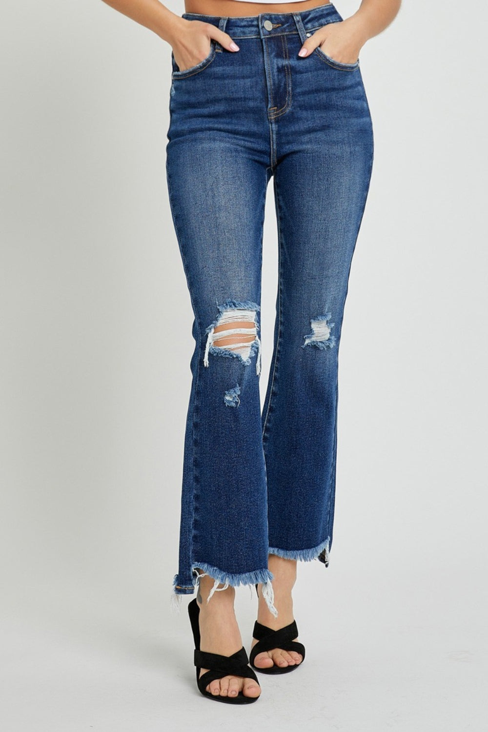 RISEN High Rise Distressed Crop Flare Jeans - Jeans - FITGGINS