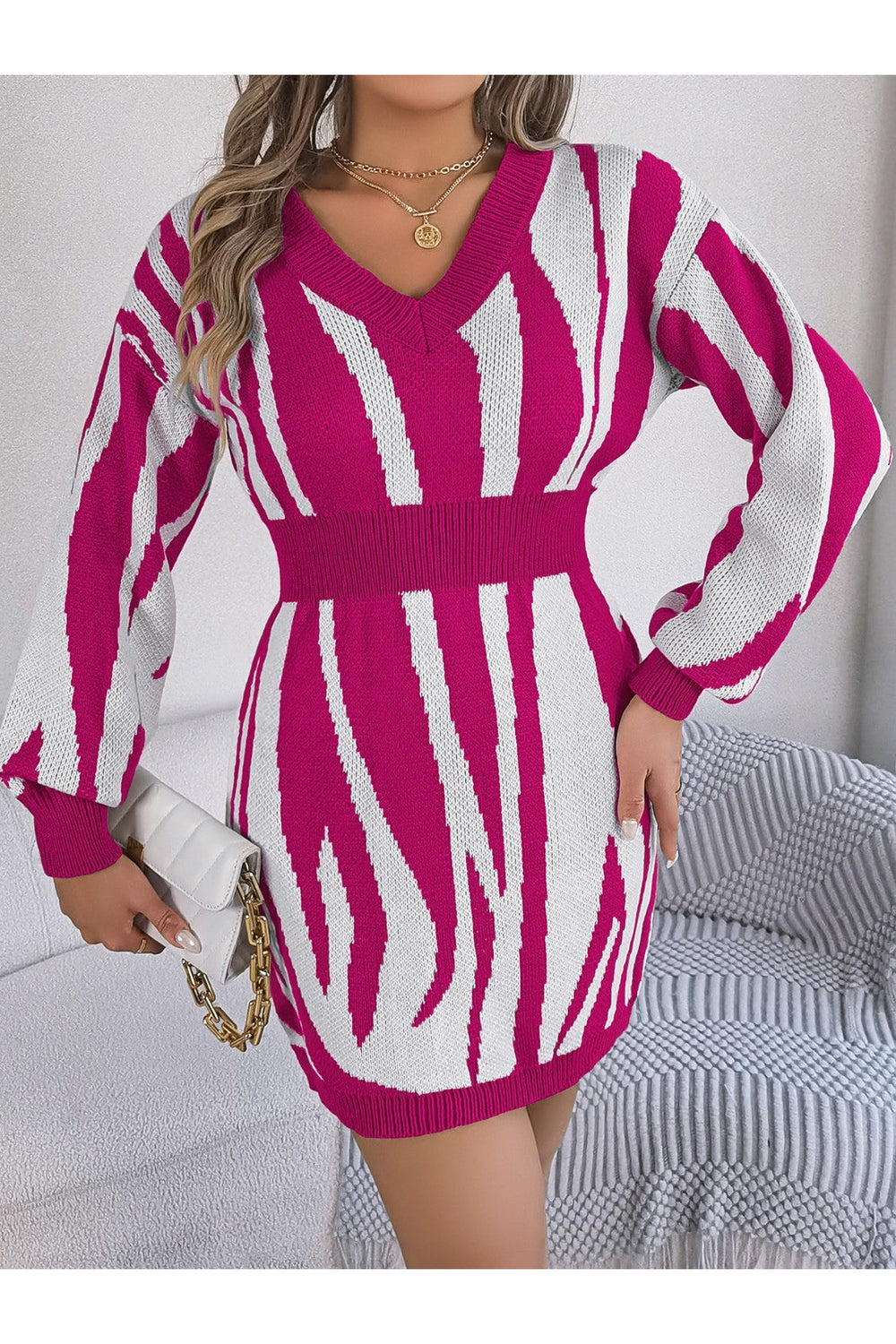 Animal Print V-Neck Long Sleeve Sweater Dress - Sweater Dresses - FITGGINS