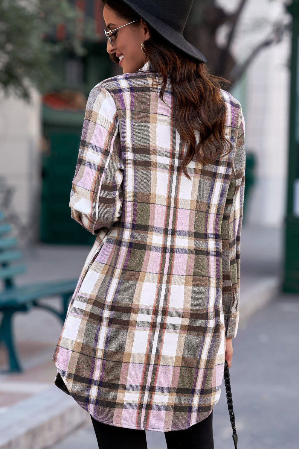 Plaid Button-Up Longline Shirt Jacket - Jackets - FITGGINS