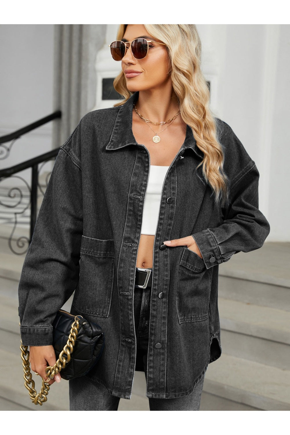 Removable Hood Button Up Long Sleeve Denim Jacket - Denim Jackets - FITGGINS