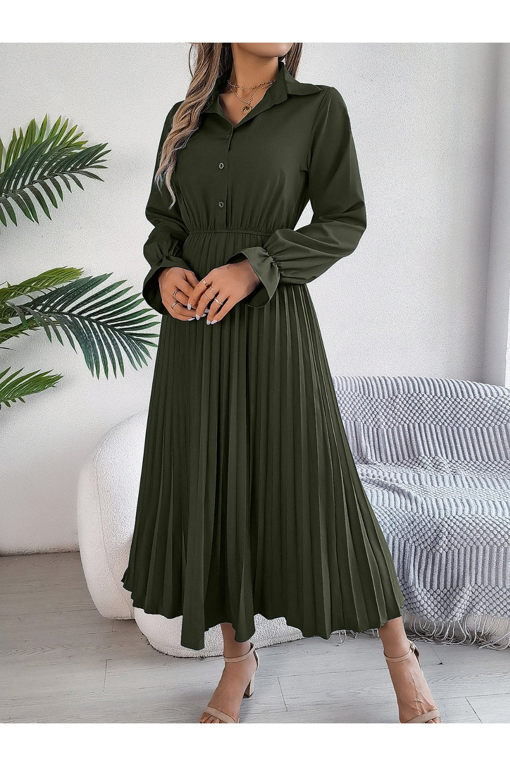 Pleated Half Button Long Sleeve Midi Dress - Casual & Maxi Dresses - FITGGINS