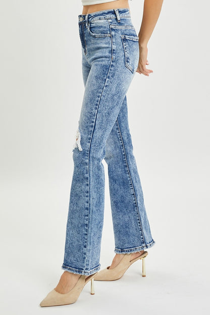 RISEN Full Size High Rise Distressed Flare Jeans - Jeans - FITGGINS