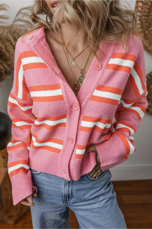 Striped Button Up Long Sleeve Cardigan - Cardigans - FITGGINS