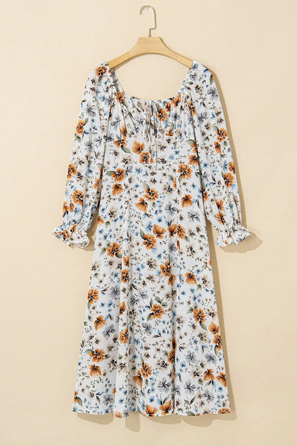 Floral Print Flounce Sleeve Midi Dress Fitggins