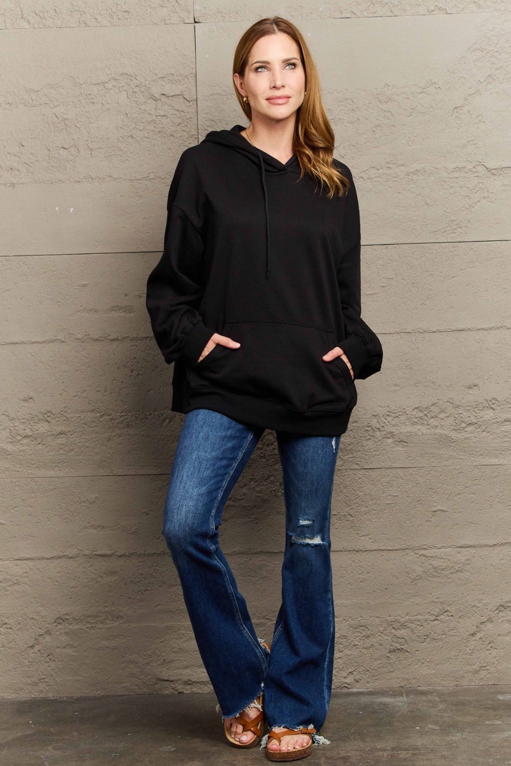 Full Size Long Sleeve Dropped Shoulder Hoodie - Sweatshirts & Hoodies - FITGGINS