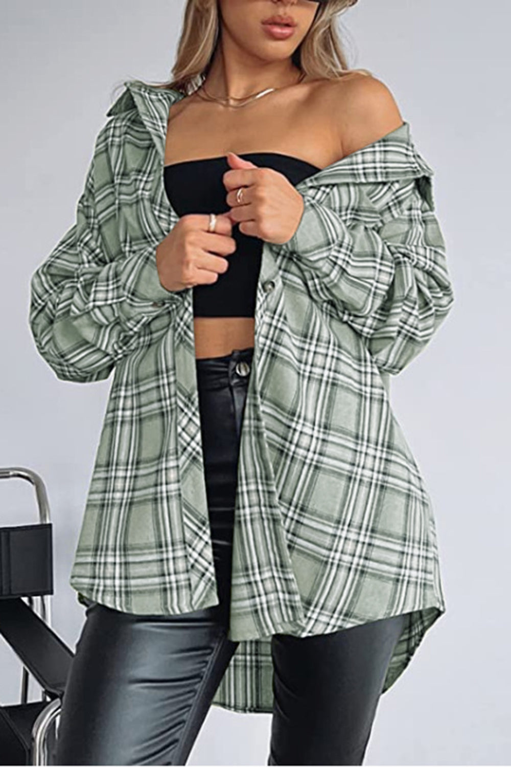 Plaid Collared Neck Long Sleeve Shirt - Shirts - FITGGINS