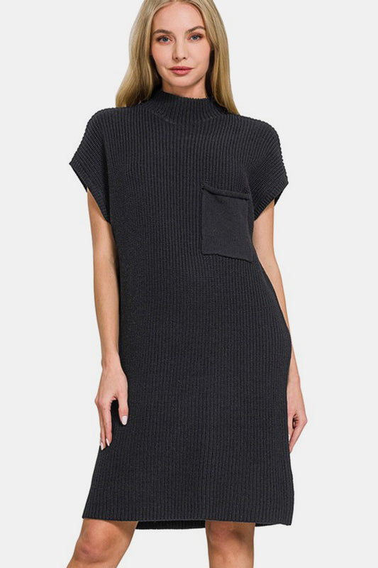 Zenana Mock Neck Short Sleeve Sweater Dress - Sweater Dresses - FITGGINS