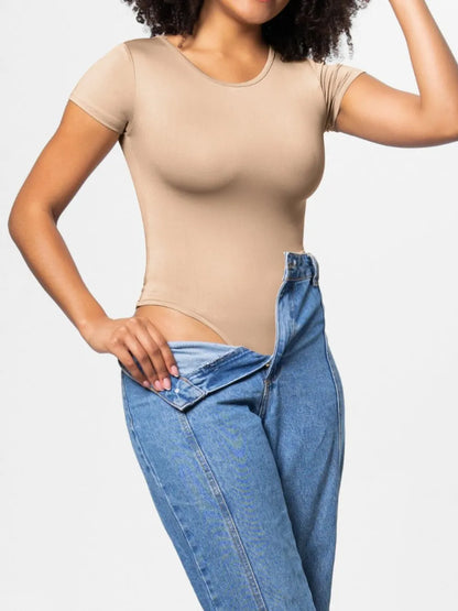Full Size Round Neck Short Sleeve Bodysuit Tan Fitggins