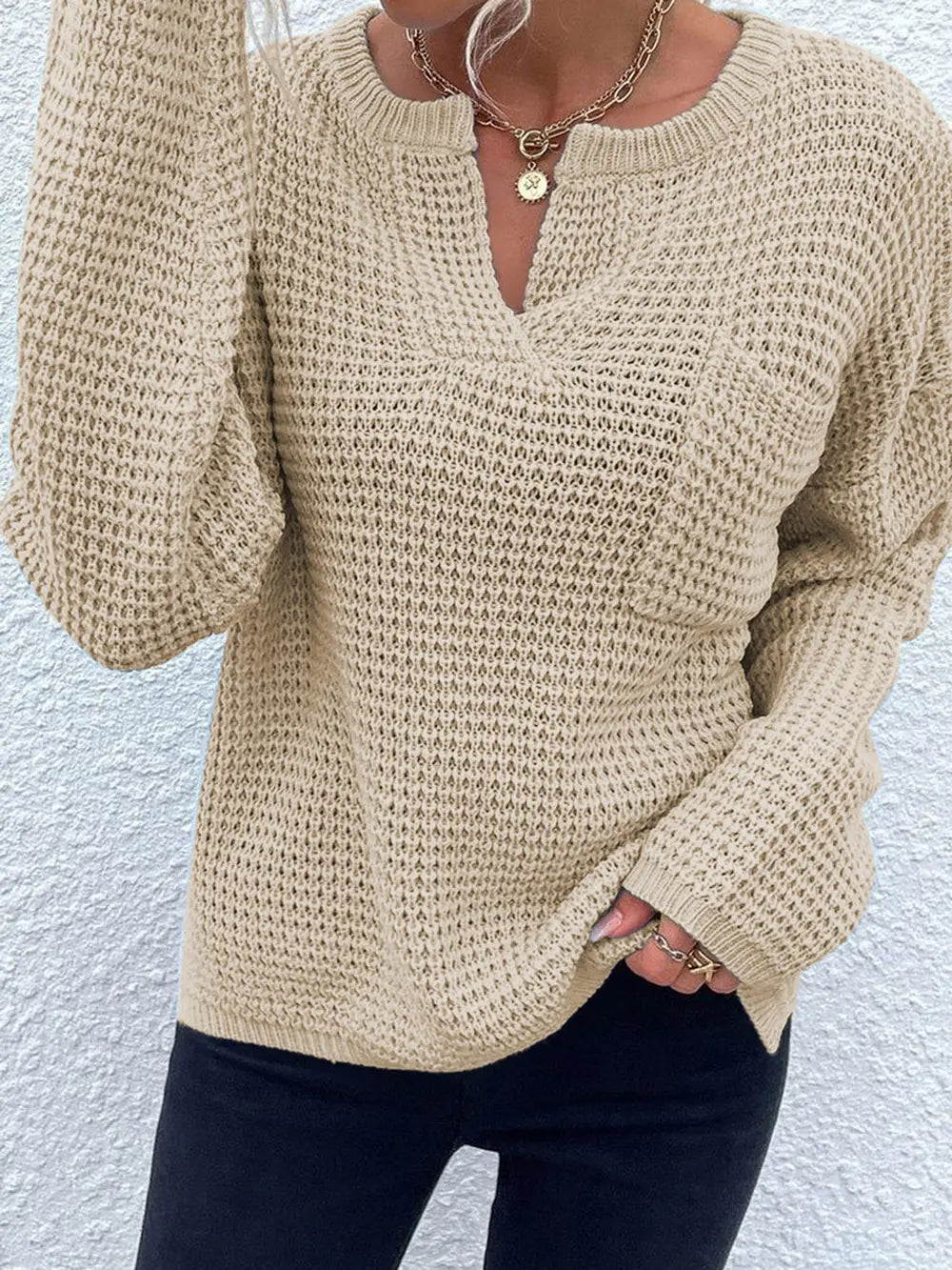Notched Long Sleeve Sweater Fitggins