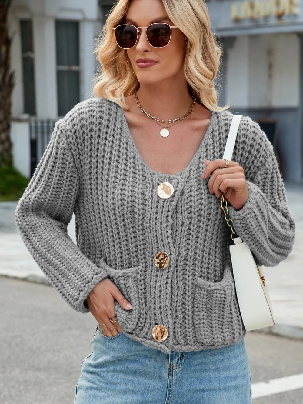 Round Neck Button Up Cardigan with Pockets Fitggins