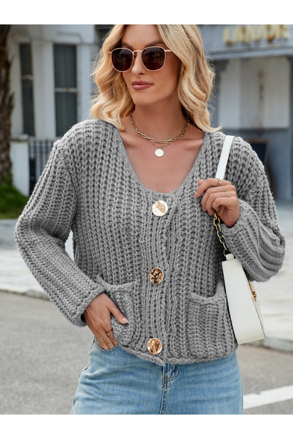 Round Neck Button Up Cardigan with Pockets - Cardigans - FITGGINS