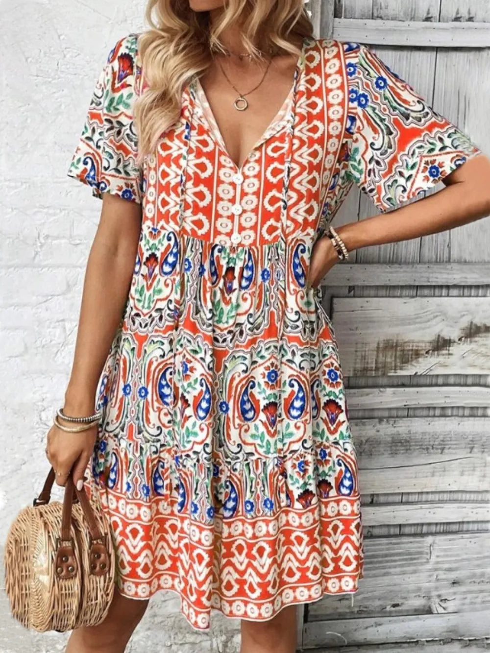 Printed Tie Neck Short Sleeve Dress Sherbet Fitggins