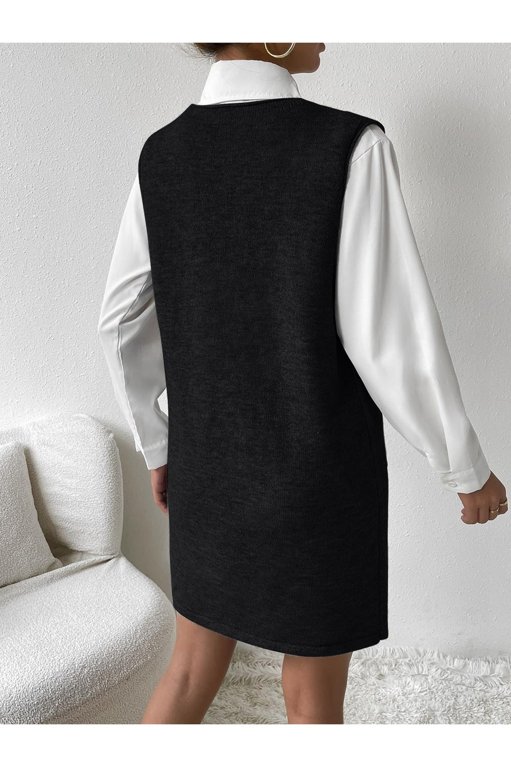 V-Neck Sleeveless Sweater Dress with Pockets - Sweater Dresses - FITGGINS