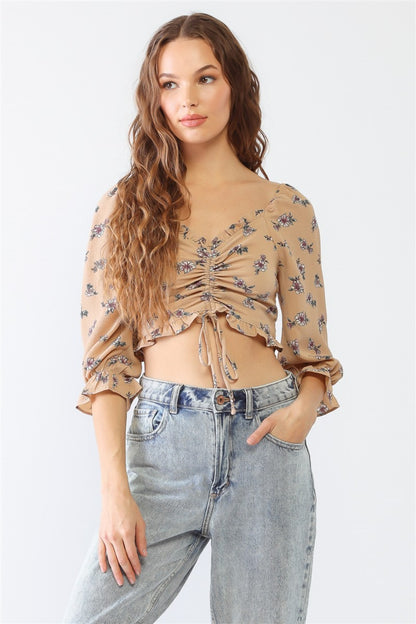 Miss Love / Kevin Co. Floral Ruffle Smocked Back Ruched Crop Top - Shirts - FITGGINS