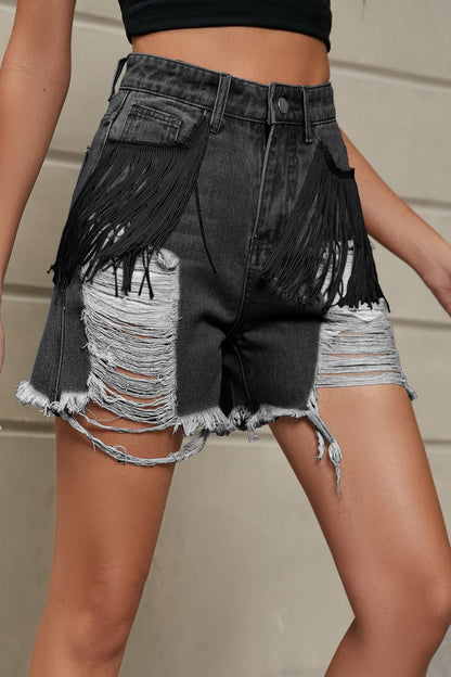 Fringe Trim Distressed Denim Shorts with Pockets Fitggins