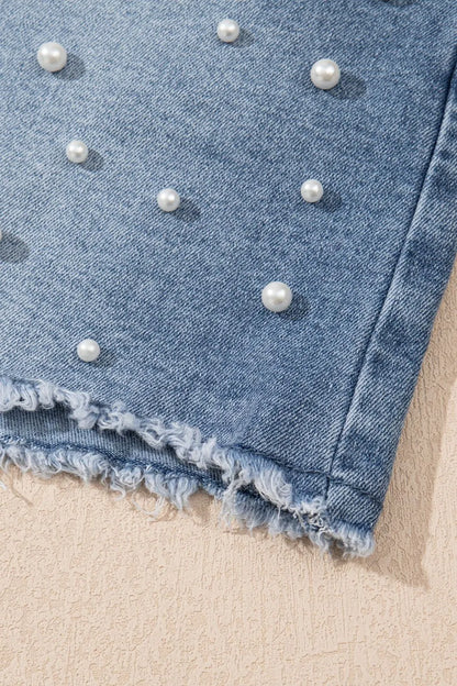 Pearl Beaded Raw Hem Wash Denim Shorts Fitggins