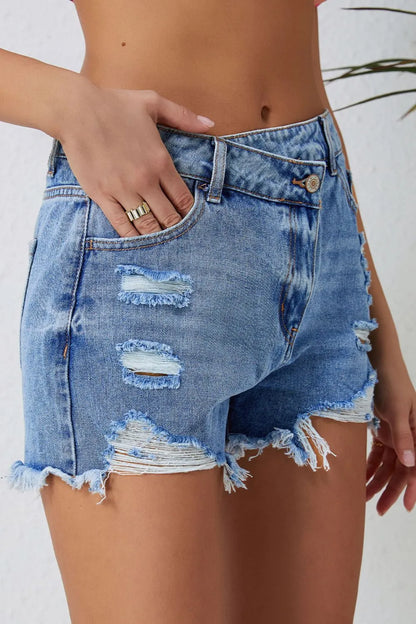 High Rise Crossover Waist Denim Shorts Fitggins