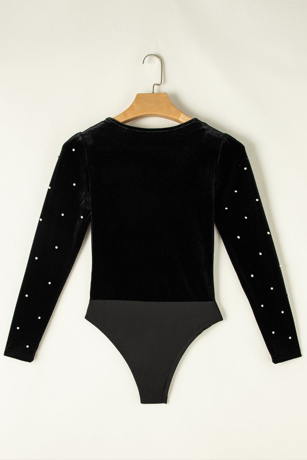 Pearl Detail Velvet V-Neck Long Sleeve Bodysuit - Bodysuit - FITGGINS