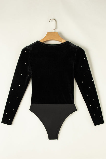 Pearl Detail Velvet V-Neck Long Sleeve Bodysuit - Bodysuit - FITGGINS