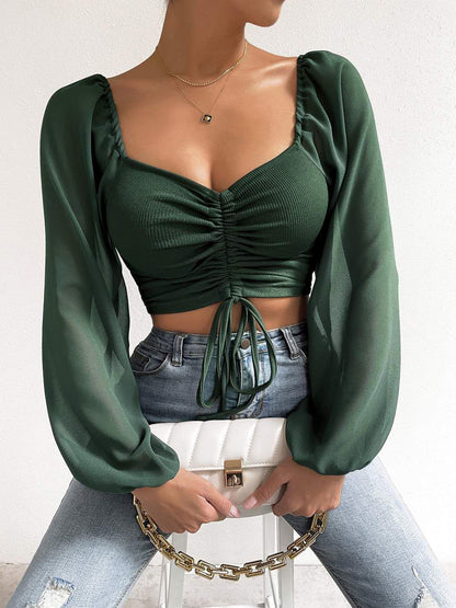 Drawstring Sweetheart Neck Cropped Top Army Green Fitggins
