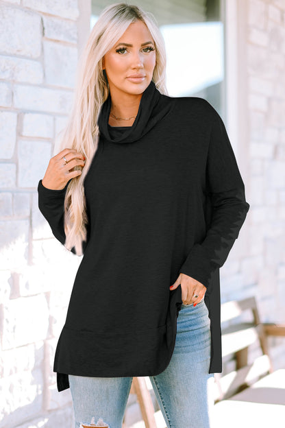 Cowl Neck Long Sleeve Slit Blouse - Blouses - FITGGINS