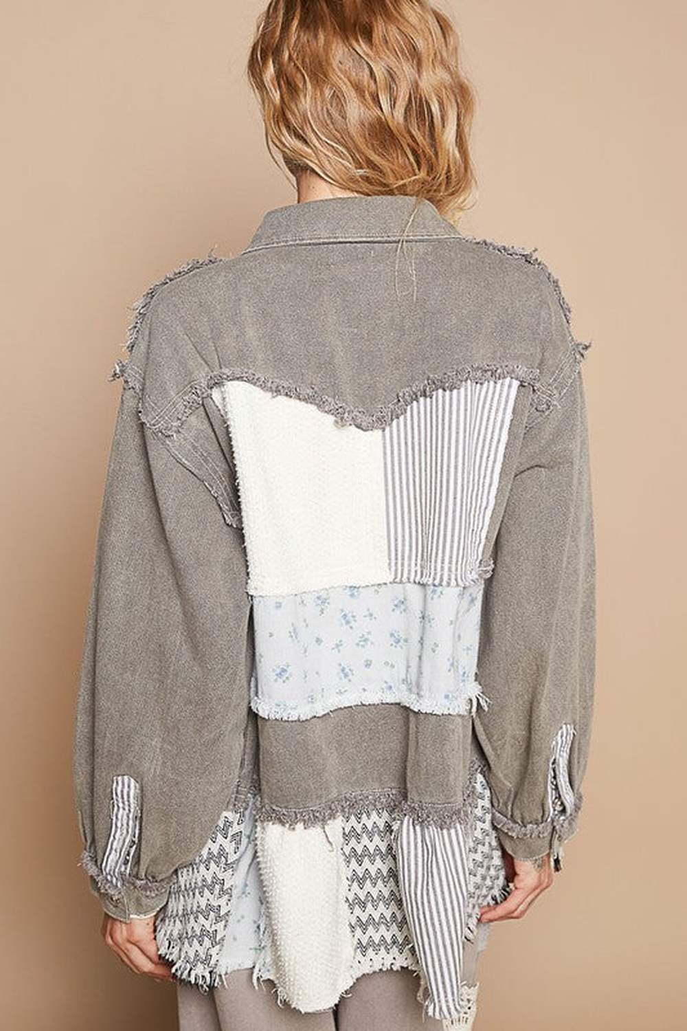 POL Raw Hem Patchwork Dropped Shoulder Jacket - Jackets - FITGGINS