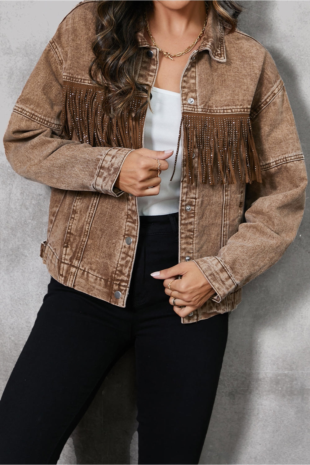 Fringe Trim Snap Down Denim Jacket - Denim Jackets - FITGGINS