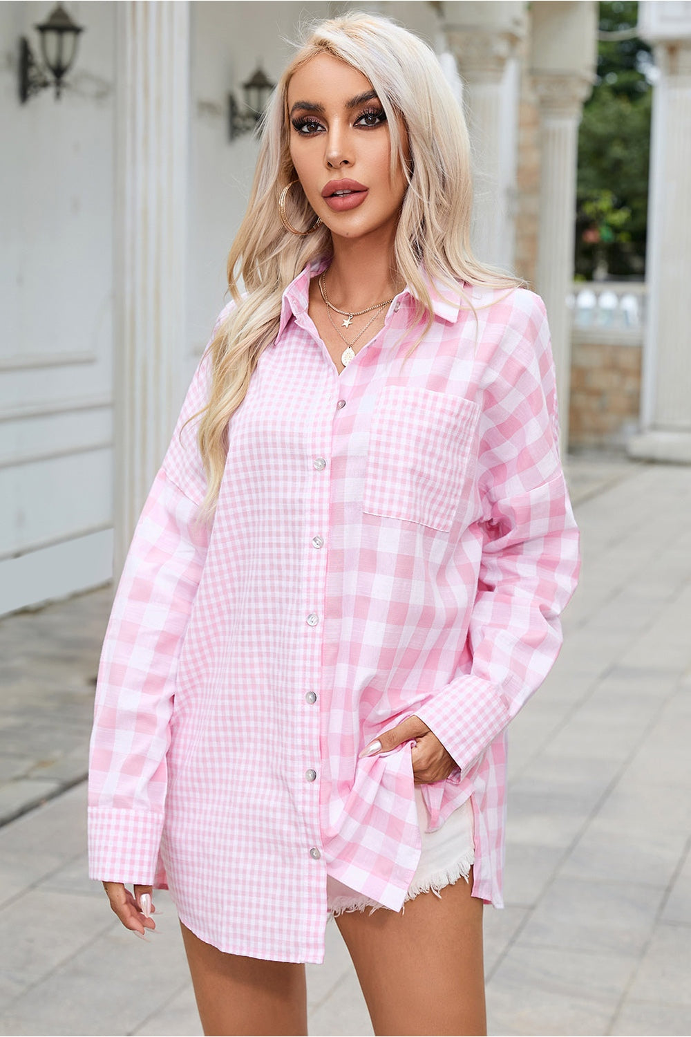 Pocketed Plaid Dropped Shoulder Shirt - Shirts - FITGGINS