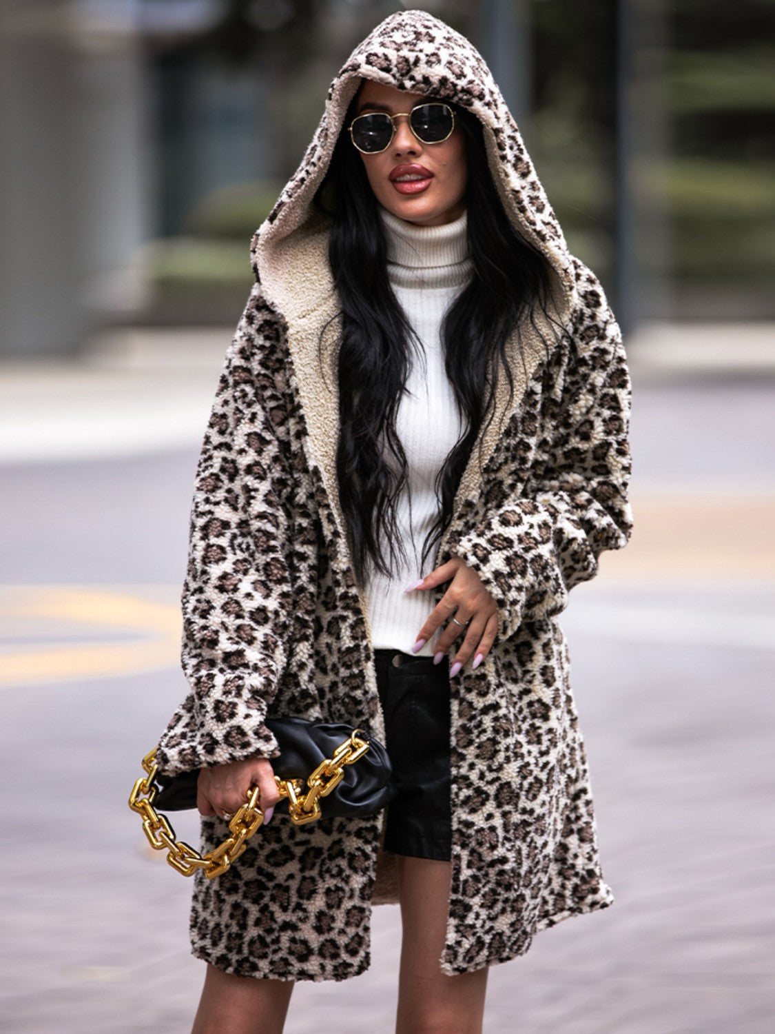 Shiny Leopard Hooded Coat with Pockets Fitggins