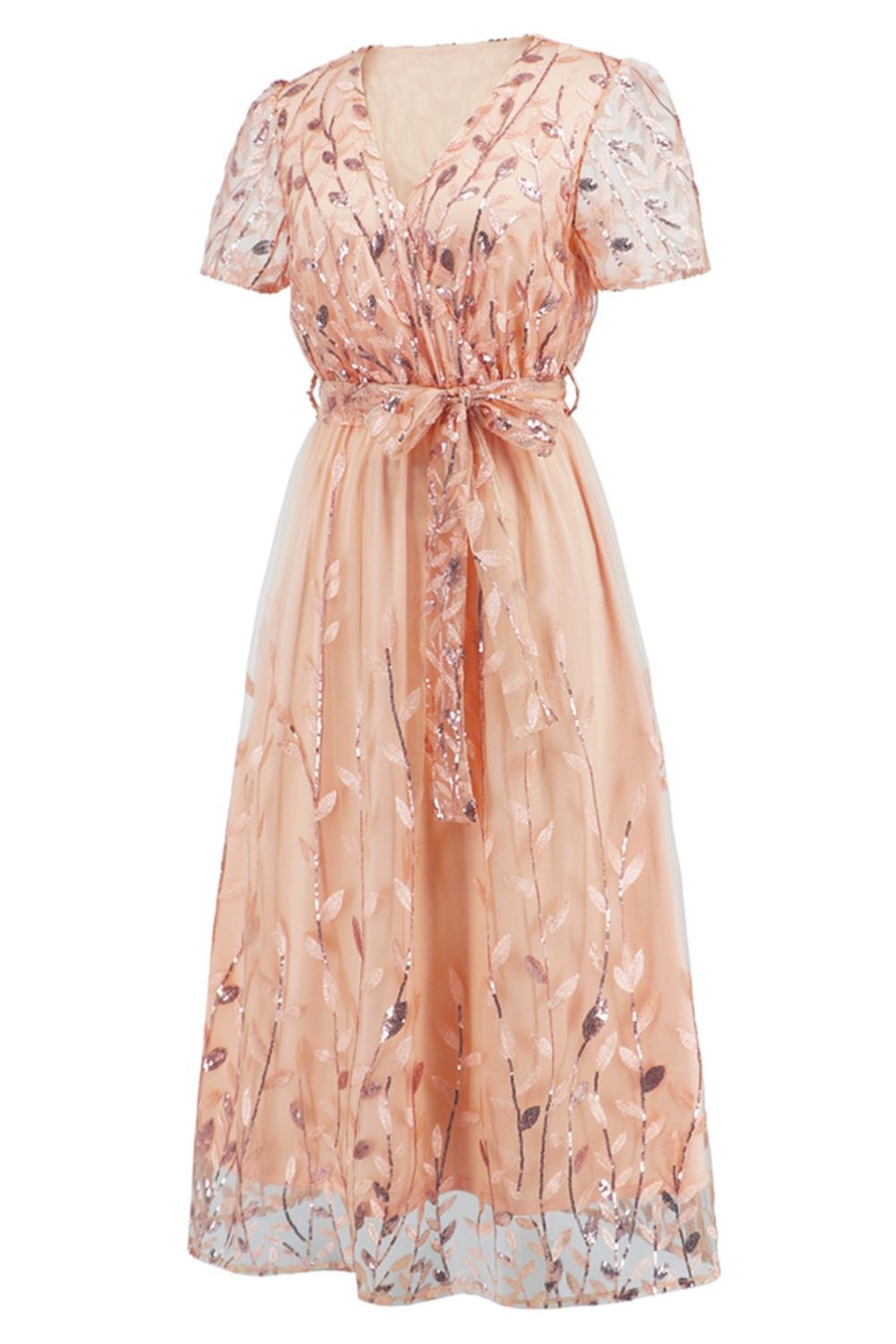 Sequin Leaf Embroidery Tie Front Short Sleeve Dress - Cocktail Dresses - FITGGINS