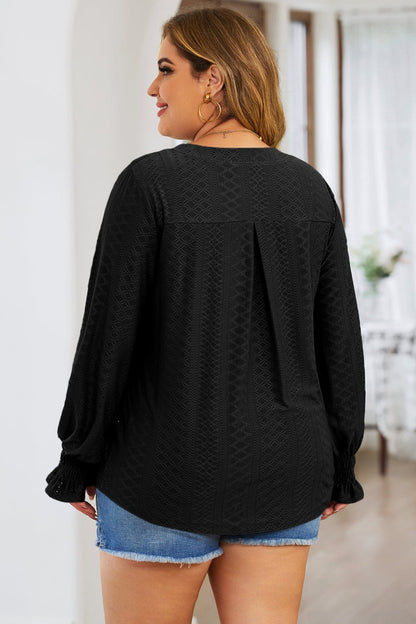 Plus Size Eyelet Notched Flounce Sleeve Blouse - Blouses - FITGGINS