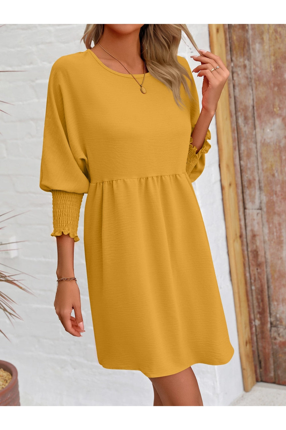 Round Neck Lantern Sleeve Mini Dress - Casual & Maxi Dresses - FITGGINS