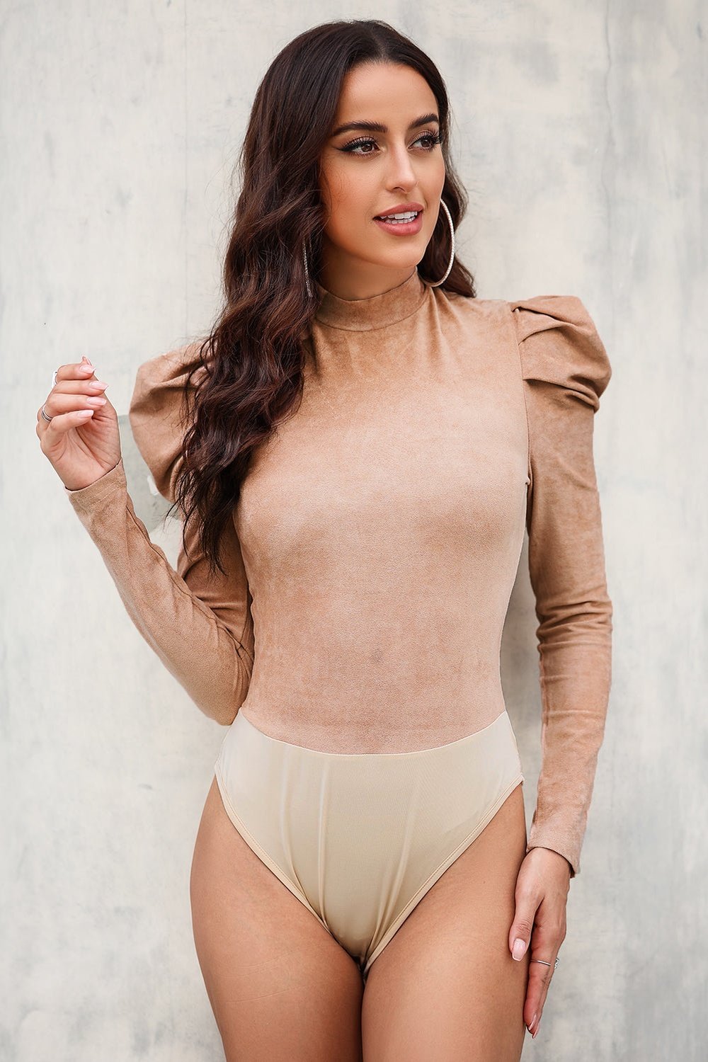 Mock Neck Puff Sleeve Bodysuit - Bodysuit - FITGGINS