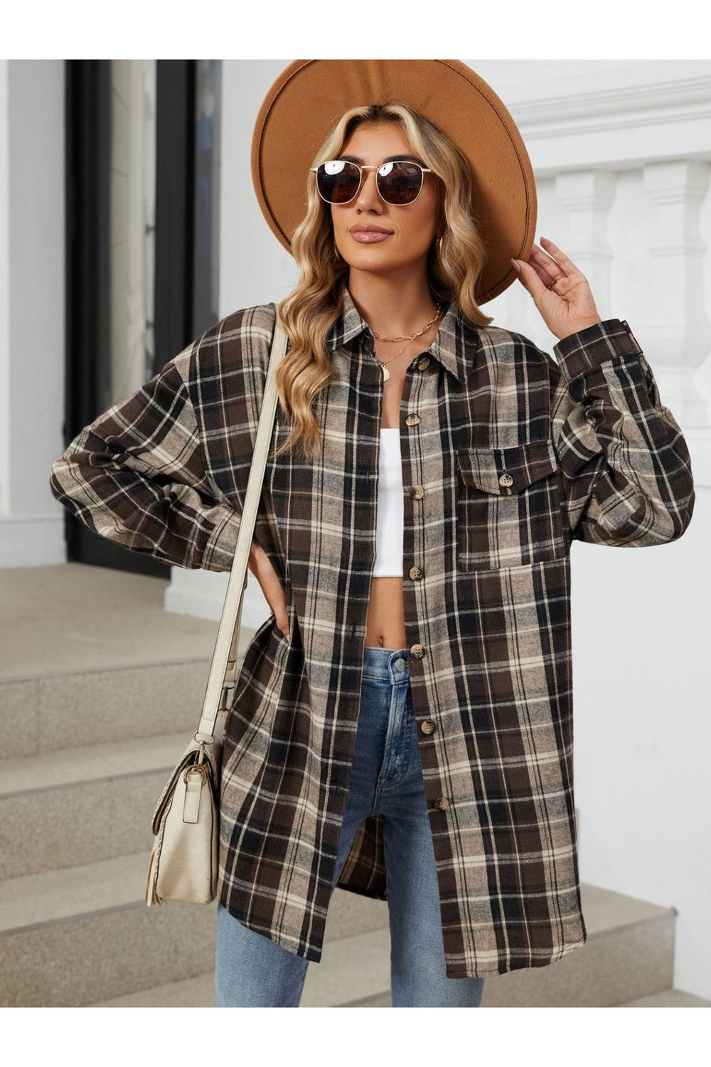 Plaid Collared Neck Long Sleeve Shirt - Shirts - FITGGINS