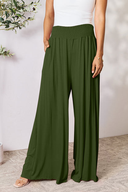 Double Take Full Size Smocked Wide Waistband Wide Leg Pants - Pants - FITGGINS