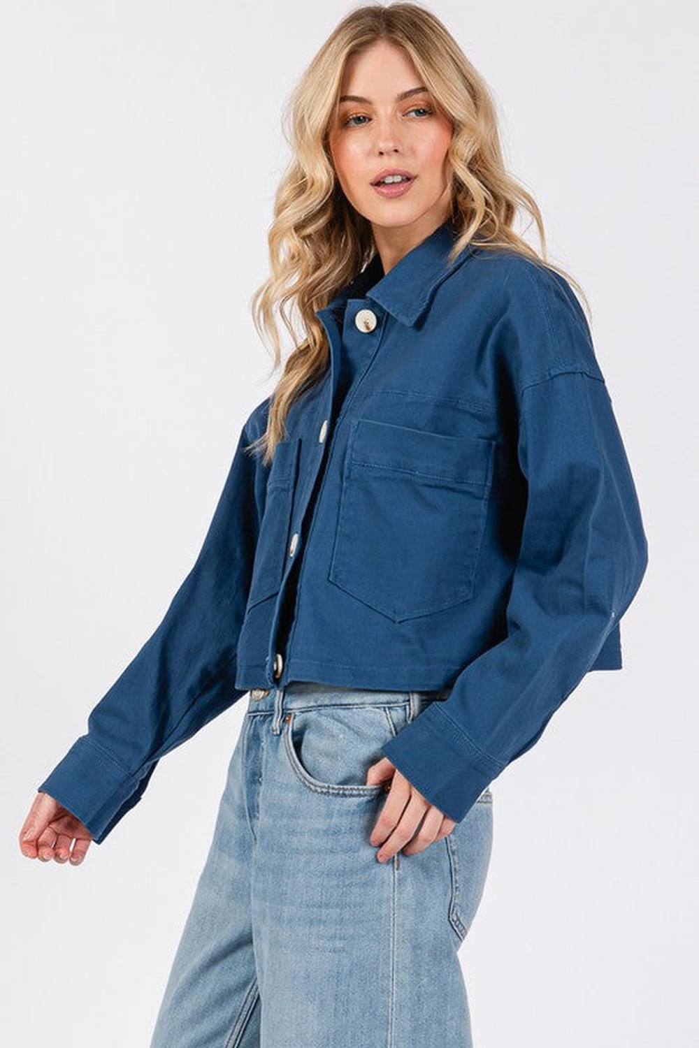 bytos Button Down Cropped Denim Jacket with Patch Pockets - Denim Jackets - FITGGINS