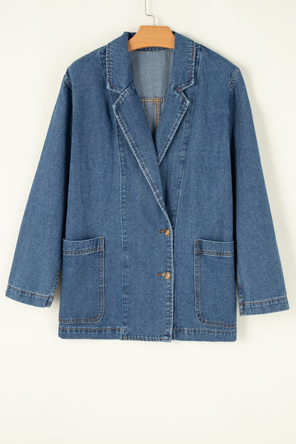 Pocketed Long Sleeve Denim Jacket - Denim Jackets - FITGGINS