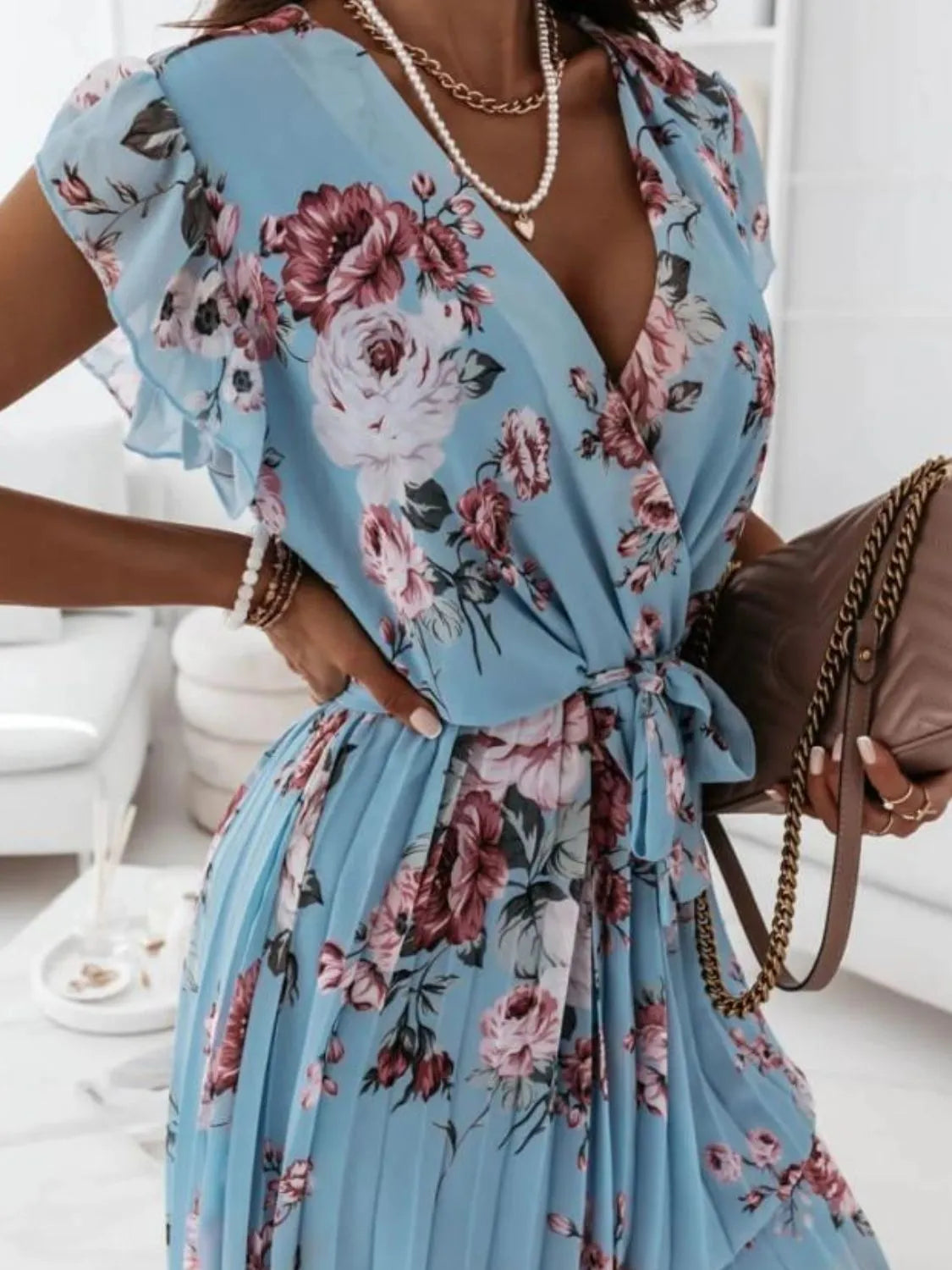 Floral Surplice Ruffled Cap Sleeve Dress Fitggins
