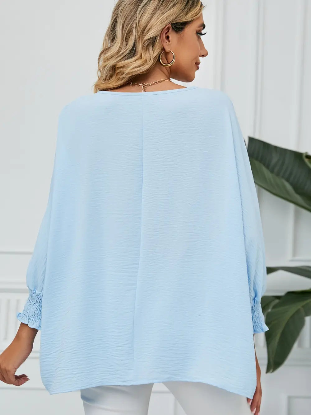 Smocked Lantern Sleeve Round Neck Blouse Fitggins